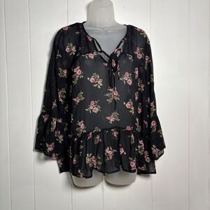 American Eagle Sheer Black Floral Lace Trim Bell Sleeve Peplum Blouse Small Goth